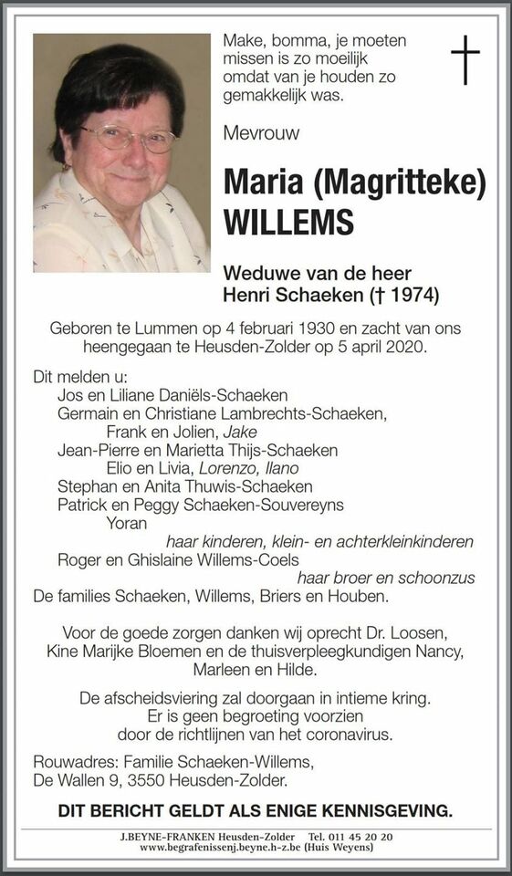 Anita Schaeken meldt ons het overlijden van Maria Willems