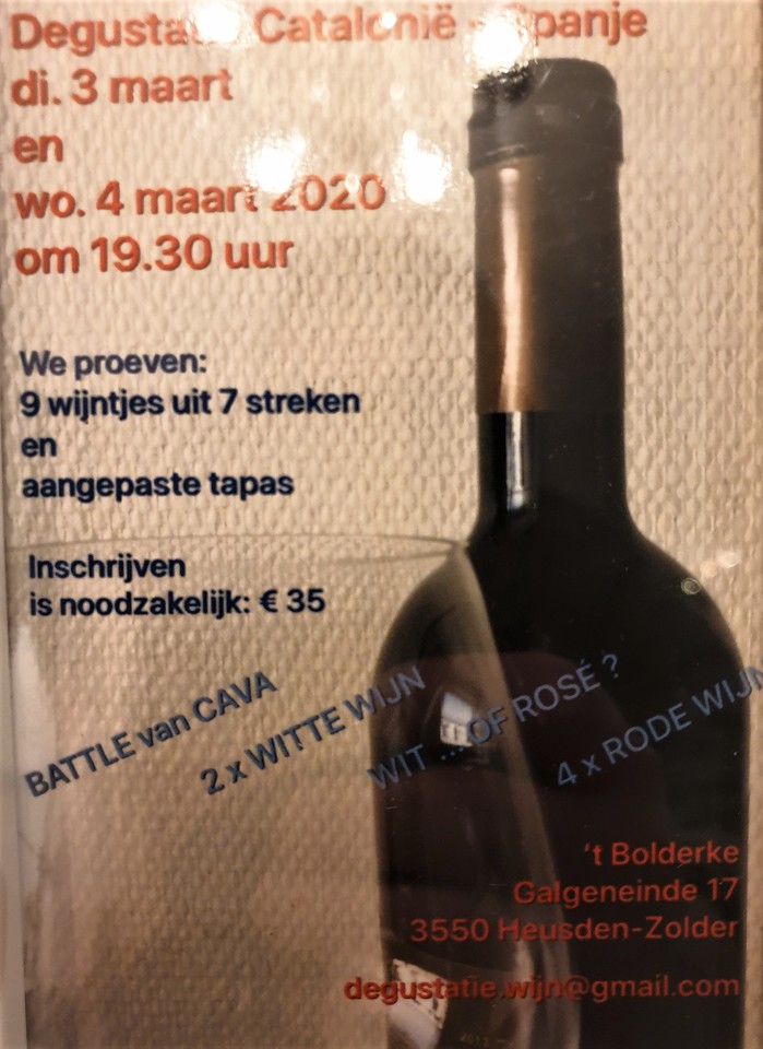 't Bolderke organiseert wijndegustatie met bijhorende gerechtjes dinsdag en woensdag 3 & 4 maart 2020, 19.30u